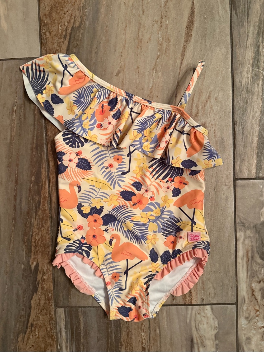 Ruffle Butts Girls Toddler One-Shoulder Flamingo Ruffle Swimsuit Bathing Suit